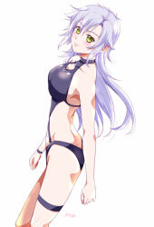 1girl artist_name blush breasts eiyuu_densetsu fie_claussell floating_hair green_eyes hair_between_eyes hajimari_no_kiseki long_hair looking_at_viewer medium_breasts parted_bangs sen_no_kiseki_(series) sideburns simple_background solo swimsuit white_background white_hair xiacheng_tatsuya