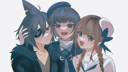 Rule 34 | 1481958711, 1girl, 2boys, anchor symbol, black coat, blue bow, blue eyes, blue hat, blue sailor collar, blue shirt, bow, braid, brown eyes, brown hair, closed mouth, coat, dot nose, eyepatch, family, fang, father and son, fins, funamusea, fur-trimmed coat, fur trim, grey hair, hat, head fins, highres, looking at viewer, minami (funamusea), mother and son, multiple boys, oounabara to wadanohara, open mouth, pale skin, pointy ears, ribbon, sailor collar, sailor hat, samekichi (funamusea), shark boy, shirt, simple background, twin braids, wadanohara, white background, white hat, white ribbon, white sailor collar, white shirt