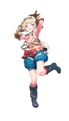 1girl :d agrippina_lechcalova ataruman aviator_cap black_boots blonde_hair blue_eyes boots brown_gloves female_focus formation_girls full_body gloves goggles goggles_on_headwear highres official_art open_mouth pink_legwear short_hair smile solo toy_airplane transparent_background