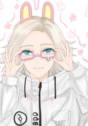 Rule 34 | aotsuki eito, blue eyes, closed mouth, drawstring, eyebrows, glasses, hands up, highres, looking at viewer, pink background, simple background, the hundred line -last defense academy-, upper body, white background, white hair, zipper, zipper pull tab