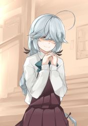 Rule 34 | 1girl, ahoge, black ribbon, braid, brown dress, brown eyes, commentary request, cowboy shot, dress, female focus, grey hair, hair over one eye, hair ribbon, hamanami (kancolle), kantai collection, long hair, long sleeves, mojyo, own hands clasped, own hands together, ribbon, school uniform, shirt, single braid, smile, solo, stairs, white shirt, yamaioni (sasakama)