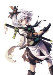 Rule 34 | 1girl, 2017, absurdres, alternate eye color, black gloves, black ribbon, black socks, boots, brown boots, checkered clothes, checkered vest, collared shirt, cowboy shot, dated, expressionless, fingerless gloves, gloves, green eyes, hair ribbon, headband, highres, holding, holding behind back, holding sword, holding sword behind back, holding weapon, holding weapon behind back, kneehighs, konpaku youmu, koumajou densetsu, koumajou densetsu 2, looking at viewer, messy hair, ribbon, scarf, sheath, shirt, short hair, silver hair, simple background, skirt, sleeves rolled up, socks, sword, torn clothes, torn scarf, torn skirt, touhou, unsheathing, vest, watermark, weapon, white background, xiaobanbei milk, yellow eyes