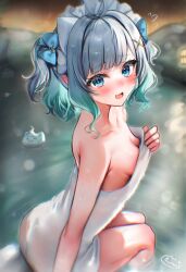 1girl absurdres ahoge blurry blurry_background blush bow breasts cleavage commentary ear_blush english_commentary fang gradient_hair green_hair grey_hair hair_bow hair_ornament hairclip highres indie_virtual_youtuber legs_together looking_at_viewer maid_headdress maru_ccy medium_breasts mint_fantome multicolored_hair naked_towel onsen open_mouth pointy_ears short_hair sitting skin_fang soaking_feet solo towel two_side_up virtual_youtuber wavy_hair wisps_(mint_fantome) x_hair_ornament