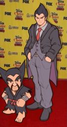 black_hair brown_hair chibi cosplay fingerless_gloves formal_clothes fujimna gloves highres long_hair male_focus mii_(nintendo) mii_brawler mishima_heihachi mishima_kazuya muscular nintendo red_eyes scar simple_background smile suit super_smash_bros. tekken thick_eyebrows