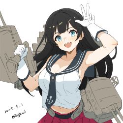 1girl absurdres agano_(kancolle) anchor_symbol arm_up artist_name bigkwl black_necktie black_sailor_collar blush breasts brown_hair cleavage commentary_request dated elbow_gloves gloves grey_eyes highres holding kantai_collection large_breasts long_hair looking_at_viewer midriff_peek navel necktie open_mouth red_skirt sailor_collar shirt simple_background skirt smile solo teeth upper_teeth_only w white_background white_gloves white_shirt