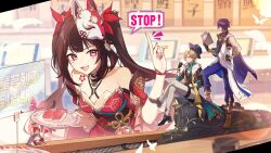 1girl 2boys absurdres aiwo_o_lite aventurine_(honkai:_star_rail) black_gloves black_shirt blonde_hair book breasts brown_hair cleavage crossed_legs dr._ratio_(honkai:_star_rail) dress english_text fedora fingerless_gloves flower_tattoo food fox_mask fur-trimmed_jacket fur_trim gloves hat highres holding holding_book honkai:_star_rail honkai_(series) jacket laurel_crown long_hair makizushi mask mask_on_head missing_commentary multiple_boys official_art pants pom-pom_(honkai:_star_rail) purple_eyes purple_hair purple_pants red_dress red_nails second-party_source shirt short_hair small_breasts sparkle_(honkai:_star_rail) speech_bubble sushi sushiro tattoo train translation_request twintails white_pants