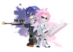 2boys alternate_species black_boots black_coat black_gloves black_pants blue_hair boots chinese_commentary closed_eyes closed_mouth coat commentary_request curtained_hair fingerless_gloves gloves grey_eyes hatsutori_hajime highres holding holding_weapon inkling jacket long_hair male_focus multiple_boys nintendo octoling open_clothes open_jacket pants parted_bangs pink_hair raining_ji saibou_shinkyoku short_hair smile splatoon_(series) splatoonification tentacle_hair utsugi_noriyuki weapon white_boots white_gloves white_jacket white_pants