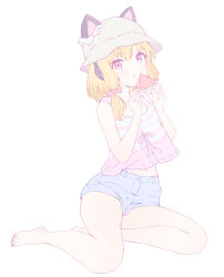 1girl :t absurdres animal_ear_headphones animal_ears bare_arms bare_legs barefoot blonde_hair blue_archive blue_shorts closed_mouth ears_through_headwear eating fake_animal_ears food fruit full_body grey_hat hair_between_eyes hands_up hat headphones highres holding holding_food holding_fruit holding_watermelon kaihuafugui light_blush looking_at_viewer medium_hair midriff momoi_(blue_archive) navel pink_eyes pink_shirt shirt short_shorts shorts sidelocks simple_background sitting sleeveless sleeveless_shirt solo striped_clothes striped_shirt watermelon watermelon_slice white_background white_stripes yokozuwari