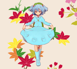 1girl blue_eyes blue_hair boots curtsey female_focus flower full_body hair_bobbles hair_ornament hat ica kawashiro_nitori key leaf matching_hair/eyes plant short_twintails skirt skirt_hold solo touhou twintails