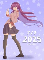 Rule 34 | 1girl, bakemonogatari, black thighhighs, blue background, blue eyes, blush, breasts, collared shirt, colored inner hair, dated, from behind, full body, grey necktie, grey skirt, hand up, juliet sleeves, legs, long hair, long sleeves, looking at viewer, looking back, medium breasts, metarama, miniskirt, monogatari (series), multicolored hair, naoetsu high school uniform, necktie, parted lips, pink shirt, puffy sleeves, purple hair, school uniform, senjougahara hitagi, shadow, shirt, skirt, solo, thighhighs, twitter username, v, very long hair, zettai ryouiki