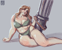 arm_support artist_name bikini blush breasts brown_hair feet_out_of_frame green_bikini grey_background gun highres holding holding_gun holding_weapon large_breasts long_hair looking_at_viewer milly_thompson pinup_(style) plump swimsuit trigun weapon yuyu_finale