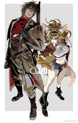 1boy 1girl angry animal_ears belt belt_pouch black_socks breasts brown_belt brown_coat chest_belt coat cowboy_western dark_skin detached_sleeves dutch_angle fox_girl fox_tail green_eyes gun hair_intakes hairband hand_on_own_hip highres large_breasts loose_socks navel ponytail pouch puffy_detached_sleeves puffy_sleeves short_shorts short_sleeves shorts simple_background socks tail thick_thighs thighs weapon yanghua_gaizi