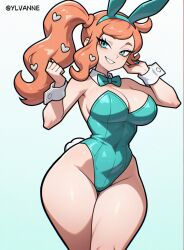 1girl alternate_costume animal_ears bare_shoulders blue_background blue_bow blue_bowtie blue_eyes blush bow bowtie breasts cleavage curvy detached_collar fake_animal_ears fake_tail gradient_background hair_ornament heart heart_hair_ornament highleg highleg_leotard highres large_breasts leotard looking_at_viewer nintendo orange_hair playboy_bunny pokemon pokemon_swsh ponytail rabbit_ears rabbit_tail side_ponytail simple_background smile solo sonia_(pokemon) standing strapless strapless_leotard tail thick_thighs thighs wide_hips wrist_cuffs ylvanne