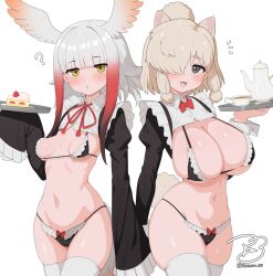 2girls ? alpaca_ears alpaca_girl alpaca_suri_(kemono_friends) alpaca_tail alternate_costume animal_ears bikini bird_tail black_bikini blonde_hair blue_eyes blush breasts cake cleavage cup enmaided food frilled_bikini frills hair_bun hair_over_one_eye head_wings highres holding holding_tray japanese_crested_ibis_(kemono_friends) kemono_friends large_breasts long_sleeves looking_at_viewer maid maid_bikini medium_breasts multicolored_hair multiple_girls navel open_mouth ransusan red_hair short_hair sidelocks skindentation sleeves_past_fingers sleeves_past_wrists smile swimsuit tail thighhighs tray unconventional_maid very_long_sleeves white_hair wings yellow_eyes