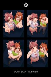 2girls :d ^_^ ahoge alternate_costume animal_ears arm_around_chest asymmetrical_sleeves black_background blush braid breasts brown_hair brown_tail clenched_hand closed_eyes crossed_bangs dantsu_flame_(umamusume) ear_covers ears_down fang food-themed_hair_ornament foreshortening from_above front-to-back furrowed_brow green_shirt hair_ornament hairband half_up_braid hand_on_another&#039;s_arm hand_on_another&#039;s_back hand_up hashtag-only_commentary heads_together heart heart_hands heart_hands_duo highres holding_hands horse_ears horse_girl horse_tail horseshoe hug hug_from_behind jewelry jungle_pocket_(umamusume) large_breasts looking_at_viewer multicolored_skirt multiple_girls multiple_views necklace noldung_baegeop notched_ear o3o one_eye_closed open_mouth orange_eyes pants parted_bangs perspective photo_strip purple_vest red_hair ring shirt short_sleeves skirt smile strawberry_hair_ornament tail tongue tongue_out umamusume v v-shaped_eyebrows vest wavy_hair white_shirt yellow_eyes