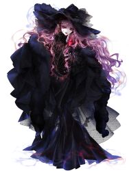1girl black_dress black_gloves black_hat chain_paradox cup dress earrings eyelashes full_body gloves hat highres holding holding_cup jewelry long_hair looking_at_viewer luna_candatura miyo1101 pink_hair red_eyes solo transparent_background very_long_hair witch_hat