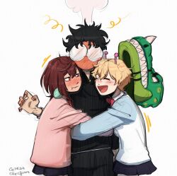 Rule 34 | 1boy, 2girls, absurdres, ayase momo, blonde hair, blush, brown hair, dandadan, earrings, friends, gakuran, glasses, gordachechona, highres, hug, jewelry, multiple girls, school uniform, simple background, takakura ken (dandadan), vamola (dandadan)
