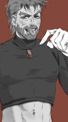 absurdres alternate_piercings beard covered_erect_nipples crop_top eyebrow_piercing face_piercing facial_hair fang gloves highres jojo_no_kimyou_na_bouken joseph_joestar joseph_joestar_(old) male_focus monochrome muscular muscular_male navel_piercing nose nostrils old old_man piercing rosarobot smile stardust_crusaders teeth thick_eyebrows tongue tongue_out tongue_piercing turtleneck