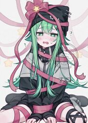 Rule 34 | 1girl, ?, absurdres, animal ear headwear, animal hat, arms between legs, asymmetrical legwear, black hat, black jacket, black leg warmers, black shoes, black shorts, blush, bound, cat hat, embarrassed, fake animal ears, green eyes, green hair, hair between eyes, hair flaps, hat, hat pin, highres, jacket, leg warmers, long hair, long sleeves, looking down, mismatched legwear, multicolored jacket, namin (anjpzaobmhbppxs), nanase (namin), open mouth, original, own hands together, paperclip, pink ribbon, ribbon, shoes, shorts, sitting, sleeves past wrists, solo, star-shaped pupils, star (symbol), sweat, symbol-shaped pupils, tied up (nonsexual), two-tone jacket, v arms, very long hair, wariza, watermark, white jacket, white leg warmers