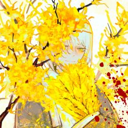 Rule 34 | 1girl, absurdres, branch, coat, dongbaek (project moon), e.g.o (project moon), flower, folding fan, grey coat, hand fan, highres, kalliope orc, limbus company, long sleeves, looking at viewer, plant wings, portrait, project moon, short hair, simple background, solo, spicebush (e.g.o), white background, white hair, wide sleeves, wings, yellow eyes, yellow flower