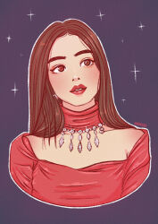 1girl blackpink brown_eyes brown_hair bunsieillus choker commentary eyeshadow jisoo_(blackpink) k-pop long_hair long_sleeves looking_to_the_side makeup purple_background real_life red_choker red_eyeshadow red_lips red_shirt shirt solo sparkle symbol-only_commentary upper_body