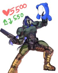 Rule 34 | 1girl, absurdres, armor, blue hair, character doll, cosplay, daaku (koizumi arata), doll, doom (series), doomguy, doomguy (cosplay), full armor, gun, highres, holding, holding gun, holding weapon, hololive, hololive english, kronie (ouro kronii), long hair, multicolored hair, power armor, praetor suit, purple hair, reverse strip game, simple background, solo, stuffed toy, virtual youtuber, weapon, white background