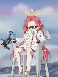 1girl absurdres bare_legs blue_archive bow braid chinese_commentary closed_mouth coat commentary_request devil_may_cry_(series) devil_may_cry_5 forehead full_body gun hair_bow halo highres holding holding_gun holding_weapon id_card long_hair long_sleeves m320 meme messy_hair millennium_science_school_logo monobloc_(chair) multicolored_coat nongsuo_yuzu nyan_cat on_chair orange_coat pocket power_symbol red_hair sandals sitting solo sunglasses tinted_eyewear toes vergil&#039;s_chair_(meme) very_long_hair weapon white_bow white_coat white_sandals yellow_halo yuzu_(blue_archive)