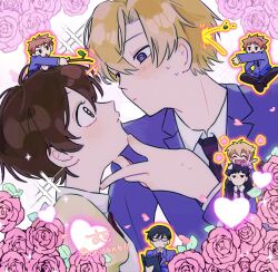 1girl 6+boys black_necktie blazer blonde_hair blue_eyes blush book branch brown_eyes brown_hair carrying collared_shirt dress face-to-face flower fujioka_haruhi glasses grabbing_another&#039;s_chin hand_on_another&#039;s_chin haninozuka_mitsukuni heart highres hitachiin_hikaru hitachiin_kaoru holding holding_book holding_branch holding_stuffed_toy jacket looking_at_another mini_person miniboy morinozuka_takashi multiple_boys necktie official_alternate_costume onisan611 ootori_kyouya opaque_glasses orange_hair ouran_high_school_host_club ouran_high_school_uniform petals puffy_sleeves red_flower red_rose rose rose_petals school_uniform shirt short_hair shoulder_carry signature sparkle stuffed_animal stuffed_rabbit stuffed_toy suou_tamaki surprised sweatdrop throwing throwing_rock twitter_username white_background yellow_dress