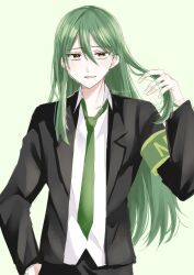 1boy \n/ aegyo_sal arm_up black_coat brown_eyes coat collared_shirt formal_clothes green_background green_hair green_necktie hair_between_eyes hand_on_own_hip highres kyouka_tori lobotomy_corporation long_hair looking_at_viewer necktie netzach_(project_moon) open_mouth playing_with_own_hair project_moon shirt solo suit upper_body very_long_hair white_shirt