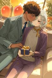 2boys balloon blue_eyes blush couch couple dark-skinned_male dark_skin day dungeon_meshi formal_clothes gift highres indoors kabru mayomayoland mithrun multiple_boys one_eye_closed sitting suit trap turtleneck yaoi