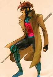 1boy bengus black_eyes bo_staff brown_hair capcom coat gambit game_cg gloves highres jacket looking_to_the_side male_focus marvel marvel_vs._capcom marvel_vs._capcom_2 non-web_source partially_fingerless_gloves portrait red_pupils scan smile solo superhero_costume trench_coat x-men