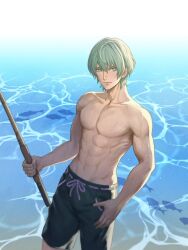 1boy abs arm_up black_male_swimwear black_swim_trunks closed_mouth collarbone commentary fire_emblem fire_emblem:_three_houses fishing_spear green_eyes green_hair groin highres holding holding_polearm holding_weapon looking_to_the_side male_byleth_(enlightened)_(fire_emblem) male_byleth_(fire_emblem) male_focus male_swimwear navel nintendo outdoors parted_bangs pectorals polearm sideways_glance smile solo swim_trunks toned toned_male topless_male water weapon wrainbow13