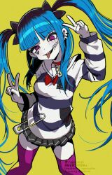 1girl amemiya_darumi black_hair blue_hair bow breasts choker double_v ear_piercing green_background hair_bow heart highres long_hair long_sleeves looking_at_viewer makeup medium_breasts miniskirt multicolored_hair open_mouth pale_skin piercing pink_thighhighs pleated_skirt purple_eyes red_choker runny_makeup safety_pin sailor_collar shirt sidelocks skirt solo striped_clothes striped_shirt the_hundred_line_-last_defense_academy- thighhighs tongue tongue_out v very_long_hair white_sailor_collar yoruhachi