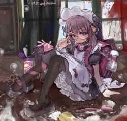 1girl apron backpack bag black_dress black_pantyhose bow closed_mouth commentary dress english_commentary fallenshadow girutea glasses indie_virtual_youtuber knees_up maid maid_headdress pantyhose petticoat purple_eyes randoseru sitting solo wrist_cuffs