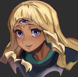 Rule 34 | 1girl, absurdres, blonde hair, braid, brown background, commentary, dark-skinned female, dark skin, english commentary, eupha (metaphor: refantazio), highres, lips, long hair, metaphor: refantazio, nezo, open mouth, pink lips, purple eyes, simple background, smile, solo, teeth, third eye, twin braids