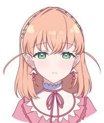 Rule 34 | 1girl, absurdres, aqua eyes, closed mouth, commentary request, cropped torso, crossed bangs, dress, earrings, flower earrings, frilled dress, frills, frown, half-closed eyes, highres, hinoshita kaho, jealous, jewelry, link! like! love live!, looking at viewer, love live!, medium hair, neck ribbon, orange hair, pink dress, pink ribbon, reason3 s, reflection in the mirror (love live!), ribbon, simple background, solo, split mouth, two side up, virtual youtuber, white background