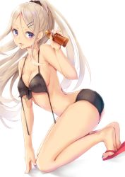 1girl arm_support ass bikini black_bikini blush bottle breasts collarbone covered_erect_nipples earrings feet fingernails from_side funyariko hair_ornament hair_strand hairclip hand_up high_ponytail holding holding_bottle jewelry kneeling legs_together long_hair medium_breasts nail_polish original parted_bangs parted_lips ponytail purple_eyes purple_nails sandals sidelocks simple_background soles solo stud_earrings swimsuit tanning_oil tiptoes toenails twisted_torso untied_bikini white_hair