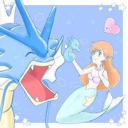 1girl air_bubble bikini bikini_top_only blush breasts bubble closed_eyes closed_mouth earrings eyelashes fangs gen_1_pokemon gen_3_pokemon green_eyes gyarados gym_leader hair_down hair_ornament hands_up holding horsea jewelry long_hair luvdisc mermaid mermaid_misty_(pokemon) misty_(pokemon) monster_girl navel necklace nintendo open_mouth orange_hair pokemon pokemon_(anime) pokemon_(classic_anime) pokemon_rgby ponytail seashell shell shell_bikini smile star_(symbol) swimsuit underwater water