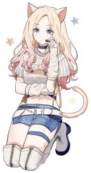 Rule 34 | 1girl, animal ears, arm across waist, arm warmers, belt, belt collar, blonde hair, blue shorts, boots, breasts, cat ears, cat girl, cat tail, closed mouth, clothes writing, collar, crop top, cropped shirt, denim, denim shorts, dot nose, forehead, full body, gakuen idolmaster, gradient hair, hand up, headset, highres, holding, holding microphone, idolmaster, juo sena, kemonomimi mode, kneeling, long hair, long sidelocks, looking at viewer, medium breasts, microphone, midriff, migolu, multicolored hair, navel, parted bangs, paw print, paw tattoo, pink hair, purple eyes, shirt, short shorts, short sleeves, shorts, sidelocks, simple background, smile, solo, star (symbol), tail, tareme, tattoo, thigh boots, thigh strap, two-tone hair, white arm warmers, white background, white belt, white boots, white shirt