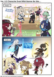 Rule 34 | &gt; o, 2koma, 5boys, 5girls, :d, ?, ^ ^, barbara (genshin impact), basket, bell, black-framed eyewear, black boots, black gloves, black hat, black hood, black pants, black shirt, blank eyes, blonde hair, blue hair, boots, bow-shaped hair, brown coat, brown hair, chasca (genshin impact), clarthelunagate, closed eyes, coat, comic, commentary, confetti, detached sleeves, dress, drill hair, electro symbol (genshin impact), elf, english commentary, english text, fischl (genshin impact), floating, genshin impact, glasses, gloves, grass, green hair, hair bell, hair ornament, hand up, hat, highres, holding, holding beaker, holding unworn clothes, holding unworn hat, jingle bell, long hair, long sleeves, looking at another, looking to the side, lyney (genshin impact), multiple boys, multiple girls, neuvillette (genshin impact), notice lines, one eye closed, open mouth, ororon (genshin impact), pants, pointy ears, qucusaurus (genshin impact), radish, red hair, running, semi-rimless eyewear, shikanoin heizou, shirt, smile, standing, standing on one leg, sucrose (genshin impact), teardrop facial mark, top hat, twin drills, two side up, unworn hat, unworn headwear, v, very long hair, vision (genshin impact), white dress, white gloves, white sleeves, yaoyao (genshin impact), yuegui (genshin impact), zhongli (genshin impact)