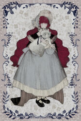 1girl 1other animal black_capelet black_shorts blue_bonnet blue_dress blunt_bangs blush bonnet bow capelet cat dress frilled_capelet frills full_body haru_(sekhl) highres holding holding_animal holding_cat long_hair looking_to_the_side mary_janes original red_hair shoes shorts siamese_cat socks very_long_hair white_socks yellow_eyes