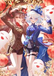 2girls absurdres ahoge aqinorz blue_eyes brown_hair flower flower-shaped_pupils furina_(genshin_impact) genshin_impact ghost hair_between_eyes hat hat_flower highres hu_tao_(genshin_impact) jewelry long_hair long_sleeves looking_at_viewer multiple_girls open_mouth red_eyes symbol-shaped_pupils twintails very_long_hair white_hair