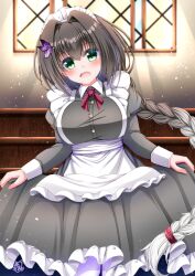 1girl :d absurdres apron awashima_nazuna backlighting black_dress blush braid braided_ponytail breasts butterfly_hair_ornament buttons commentary_request dress eyes_visible_through_hair feet_out_of_frame floating_hair frilled_apron frilled_dress frills gradient_hair green_eyes hair_between_eyes hair_intakes hair_ornament happy highres indoors juliet_sleeves large_breasts light_rays long_dress long_hair long_sleeves looking_at_viewer low_ponytail maid maid_apron maid_headdress mayoi_no_kalanchoe multicolored_hair neck_ribbon open_mouth ponytail puffy_sleeves red_ribbon ribbon signature skirt_hold smile solo standing sunbeam sunlight tamamo_(1_tamamo) very_long_hair white_apron white_hair