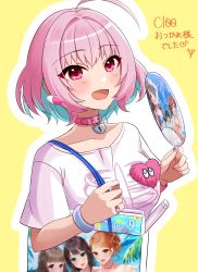 1girl ahoge aqua_hair bag belt_collar blush bob_cut bracelet breasts character_print choker collar collarbone colored_inner_hair comiket earrings fang hair_intakes hand_fan heart-shaped_lock heart_collar heart_on_chest highres hojo_karen holding holding_fan idolmaster idolmaster_cinderella_girls idolmaster_cinderella_girls_starlight_stage igarashi_kyoko jewelry kamiya_nao kohinata_miho looking_at_viewer multicolored_hair open_mouth paper_fan pill_earrings pink_choker pink_eyes pink_hair pink_heart ring sakura_ran shibuya_rin shimamura_uzuki shirt short_sleeves solo t-shirt two-tone_hair uchiwa yellow_background yumemi_riamu