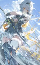 Rule 34 | 1girl, absurdres, anby demara, anby demara (silver soldier), armored boots, black hairband, black shorts, black thighhighs, blue sky, boots, cloud, cloudy sky, commentary request, fingerless gloves, gloves, grey hair, hairband, highres, holding, holding sword, holding weapon, korean commentary, netural, orange eyes, short hair, short shorts, short sleeves, shorts, shorts under skirt, skindentation, sky, sword, thighhighs, weapon, white gloves, zenless zone zero