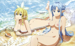 10s 2girls aqua_eyes aqua_hair arm_support ass asuna_(sao) asuna_(sao-alo) barefoot beach blonde_hair breasts completely_nude feet green_eyes highres ig kirigaya_suguha large_breasts leafa_(sao) long_hair looking_at_viewer lying medium_breasts multiple_girls nipples nude nude_filter nudist nudist_beach on_stomach pointy_ears ponytail sand smile soles sword_art_online third-party_edit toes zenra