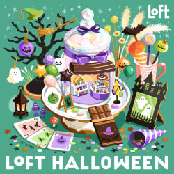 broom candy chocolate chocolate_bar cookie flower food food_focus ghost green_background halloween hat issiki_toaki jack-o&#039;-lantern lollipop no_humans original pumpkin simple_background star_(symbol) tree witch_hat