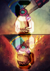 1boy 1girl burning commentary embers english_commentary fire hand_focus highres holding_hands junpei_(kyokugen_dasshutsu) kurashiki_akane kyokugen_dasshutsu kyokugen_dasshutsu:_9_jikan_9_nin_9_no_tobira lang95 long_sleeves seven-segment_display spoilers watch wristwatch