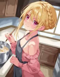 1girl absurdres aged_down angelica_rafa_redgrave apron bare_shoulders black_apron blonde_hair braid breasts cleavage closed_mouth commentary_request commission cooking_pot dress highres holding holding_ladle indoors iwato_(celler) kitchen ladle looking_at_viewer off-shoulder_dress off_shoulder otome_gee_sekai_wa_mob_ni_kibishii_sekai_desu pink_dress pink_eyes pixiv_commission sidelocks small_breasts smile solo