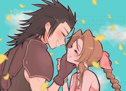 1boy 1girl aerith_gainsborough armor bare_shoulders black_gloves black_hair blue_sky blush bracelet braid braided_ponytail brown_hair choker closed_eyes cloud cloudy_sky commentary_request couple crisis_core_final_fantasy_vii dress facing_another falling_petals final_fantasy final_fantasy_vii final_fantasy_vii_rebirth final_fantasy_vii_remake from_side gloves grin hair_ribbon hand_on_another&#039;s_cheek hand_on_another&#039;s_face height_difference jewelry long_hair noi_(noi28224) parted_bangs petals pink_dress pink_ribbon ponytail ribbed_sweater ribbon shoulder_armor sky sleeveless sleeveless_turtleneck smile spiked_hair sweater teeth turtleneck turtleneck_sweater upper_body yellow_pupils zack_fair